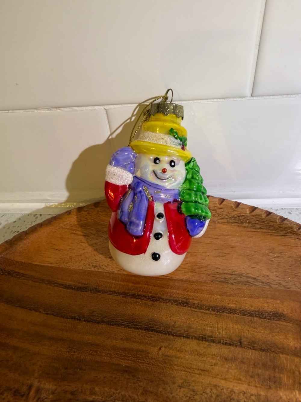 Vintage Blown Glass Snowman Holiday Ornament with Green Tree